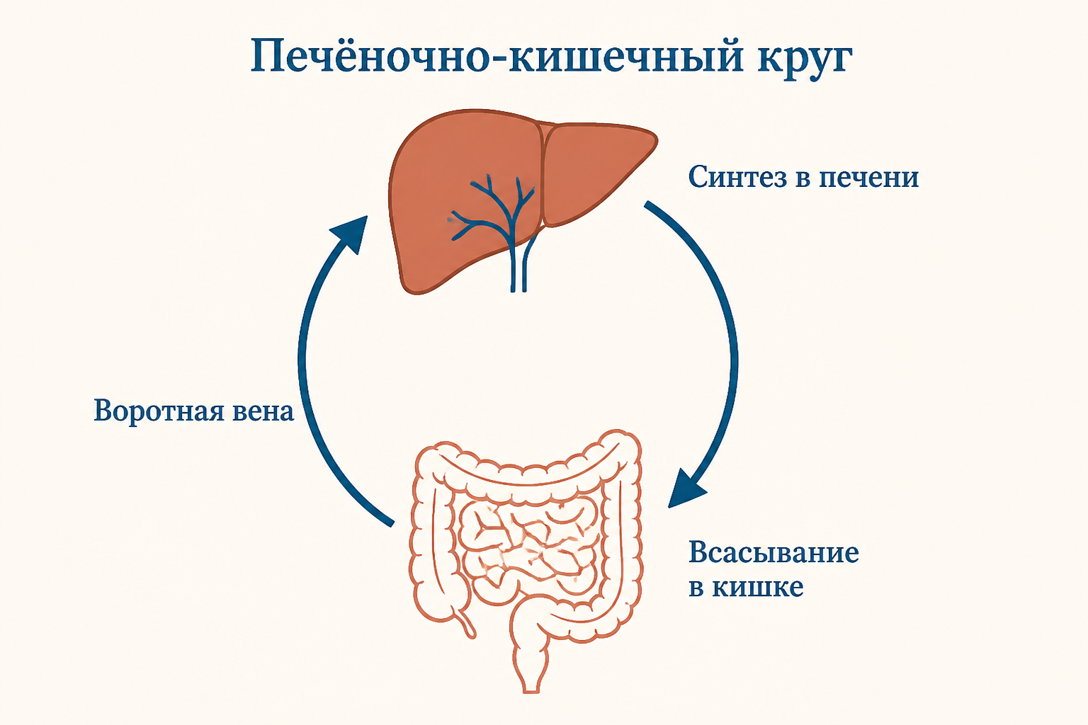 Печёночно-кишечный круг: желчные кислоты синтезируются в печени, выделяются в кишку, всасываются в подвздошной кишке и возвращаются по воротной вене обратно в печень