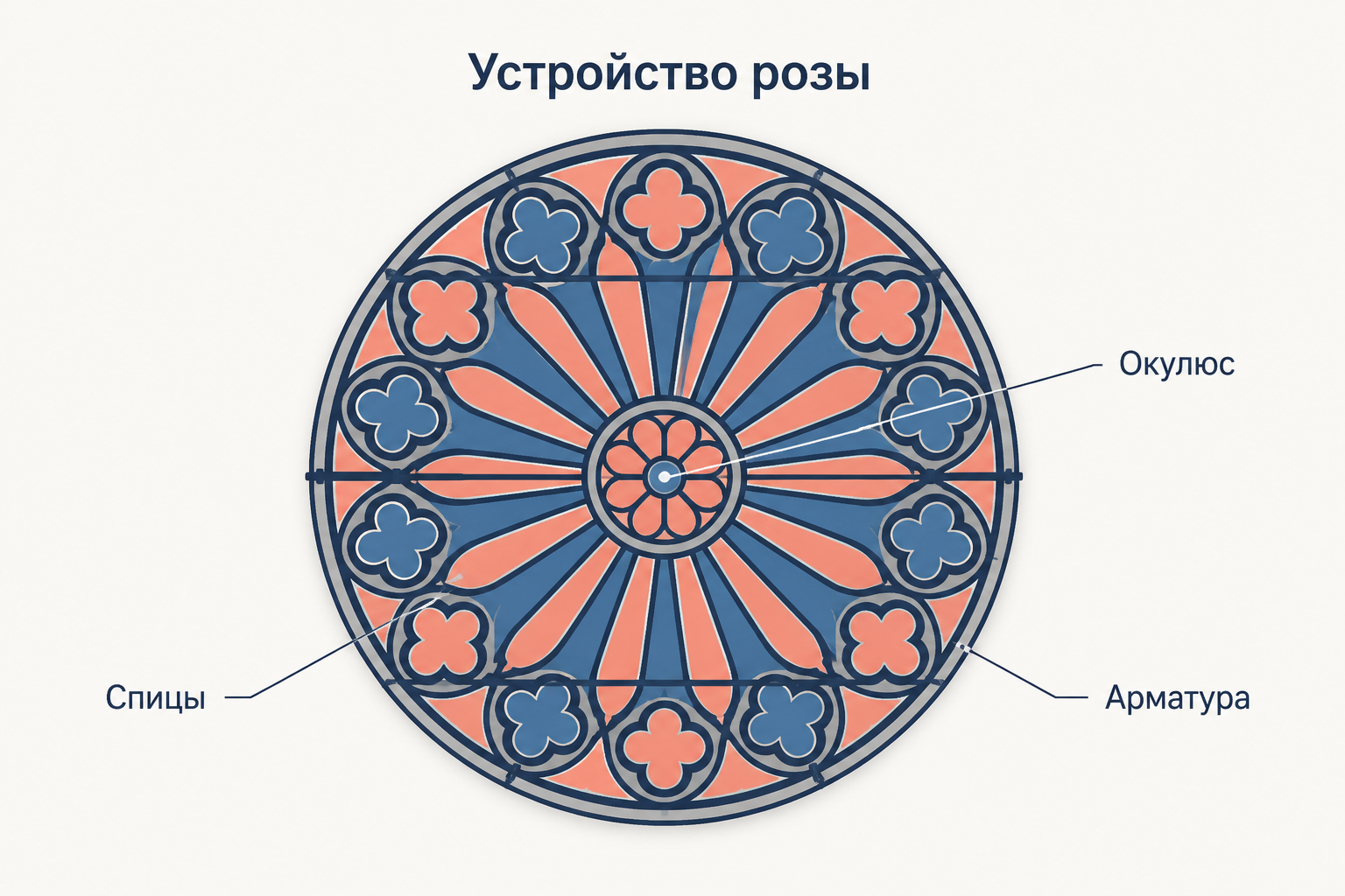 Схема устройства розы: центральный окулюс, радиальные каменные спицы и железный прут арматуры, к которому крепят витражные панели