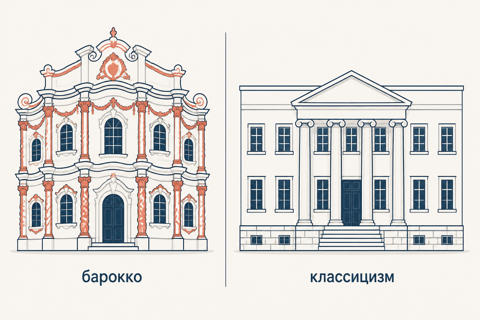 Сопоставление двух фасадов: слева изогнутая пластичная стена барокко с насыщенным декором, справа плоская стена классицизма с одним колонным портиком