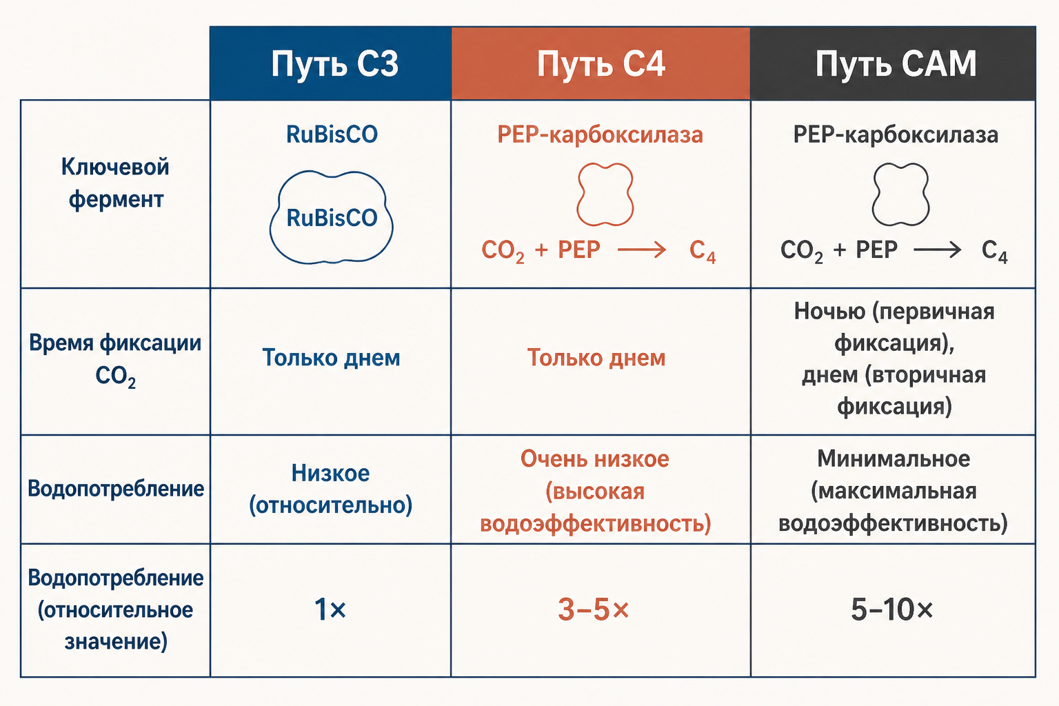 Сравнение путей C3, C4 и CAM: ключевые ферменты