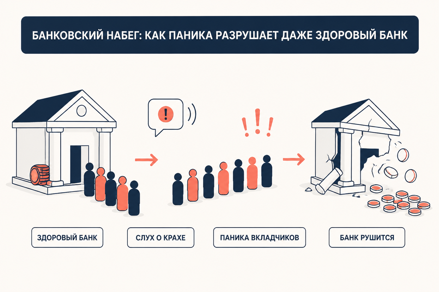 Банковский набег: здоровый банк, слух о крахе, паника вкладчиков и реальное падение банка как стадии самоисполняющегося пророчества