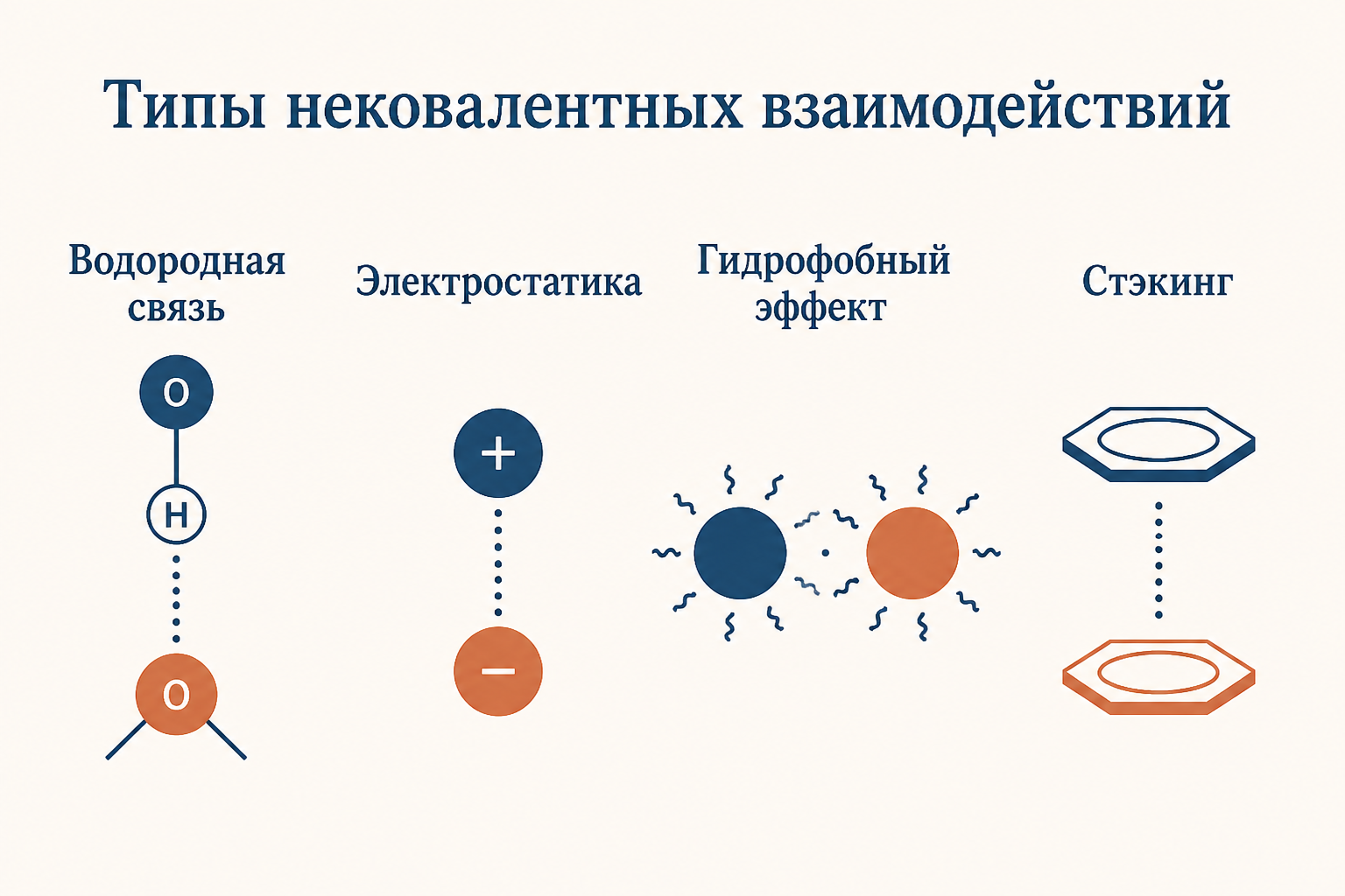 Типы нековалентных взаимодействий: водородная связь, электростатика, гидрофобный эффект и стэкинг