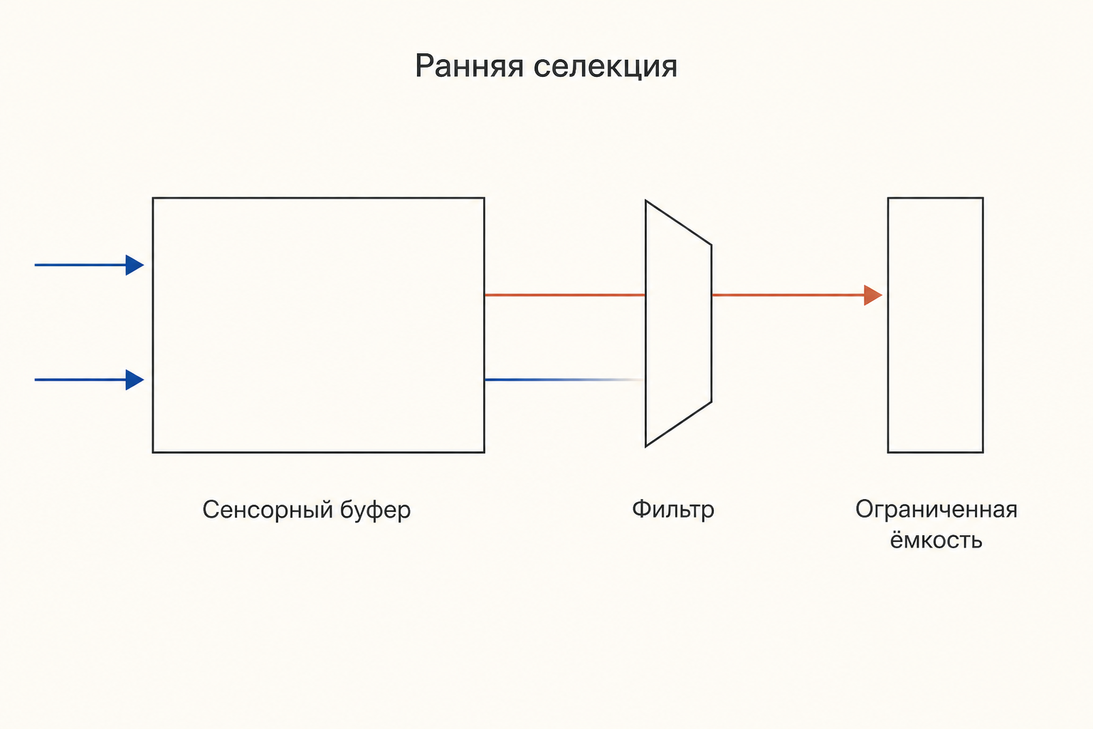 Схема ранней селекции Бродбента: сенсорный буфер, фильтр по физическому признаку и канал ограниченной ёмкости