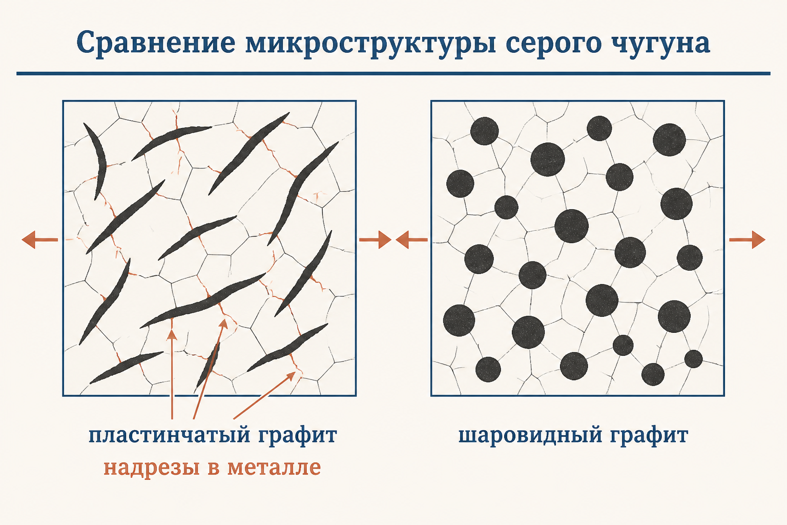 Микроструктура серого чугуна: изогнутые пластины графита, рассеянные в металлической матрице, и деталь типа блока двигателя