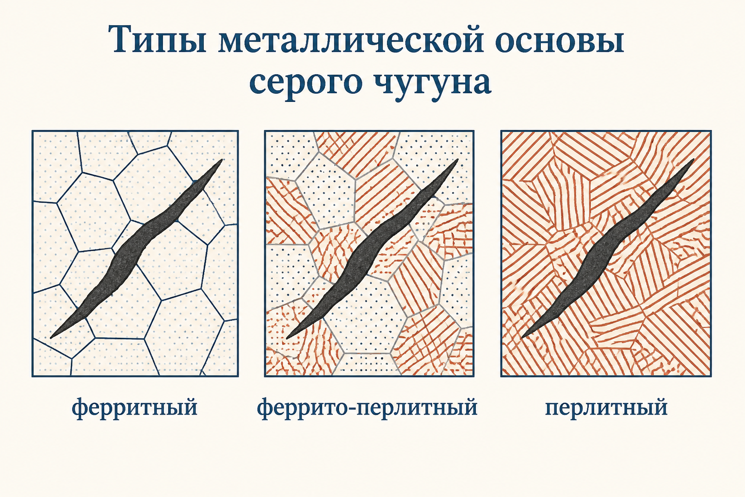 Три типа металлической основы серого чугуна: ферритный, феррито-перлитный и перлитный