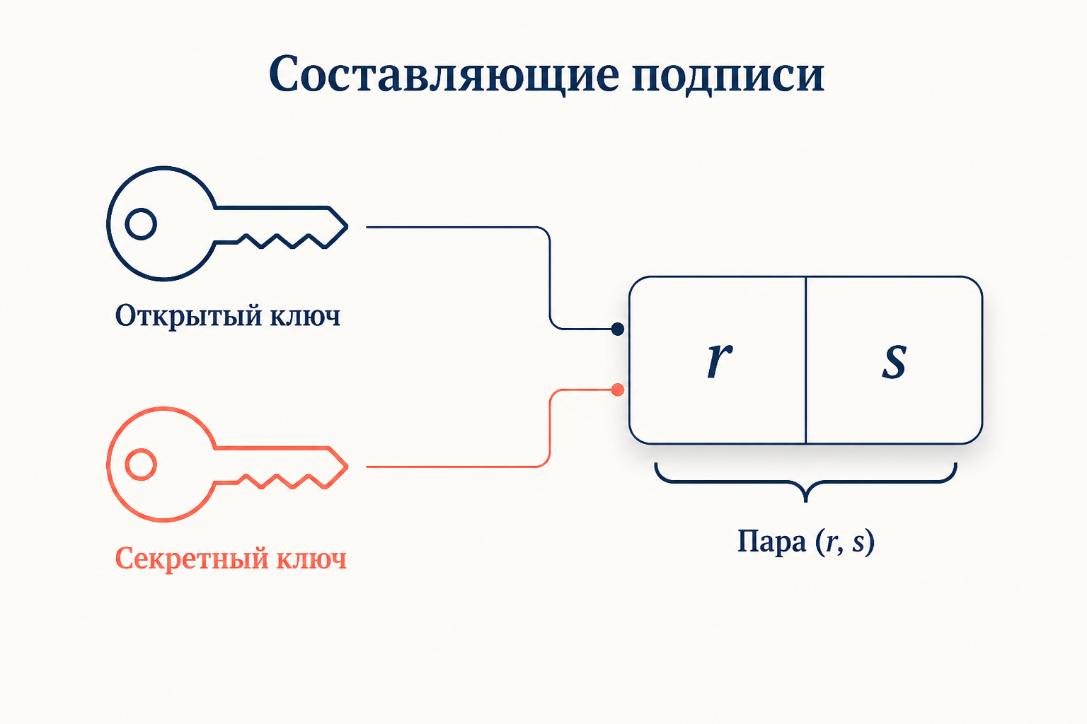 Схема подписи Эль-Гамаля: открытый ключ, секретный ключ и пара значений r и s как составляющие цифровой подписи
