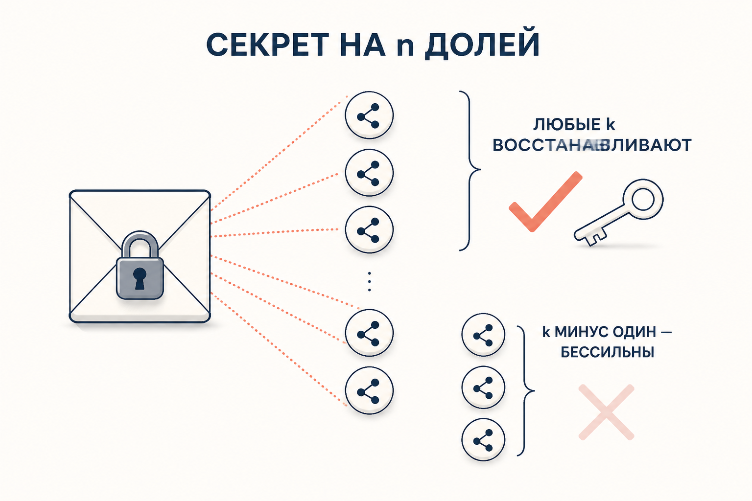 Секрет делится на n долей, любые k восстанавливают, k минус один бессильны