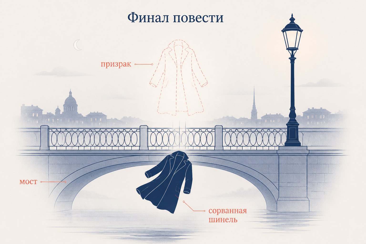 Финал повести Шинель: призрак на мосту снимает шинель со значительного лица как посмертный бунт героя