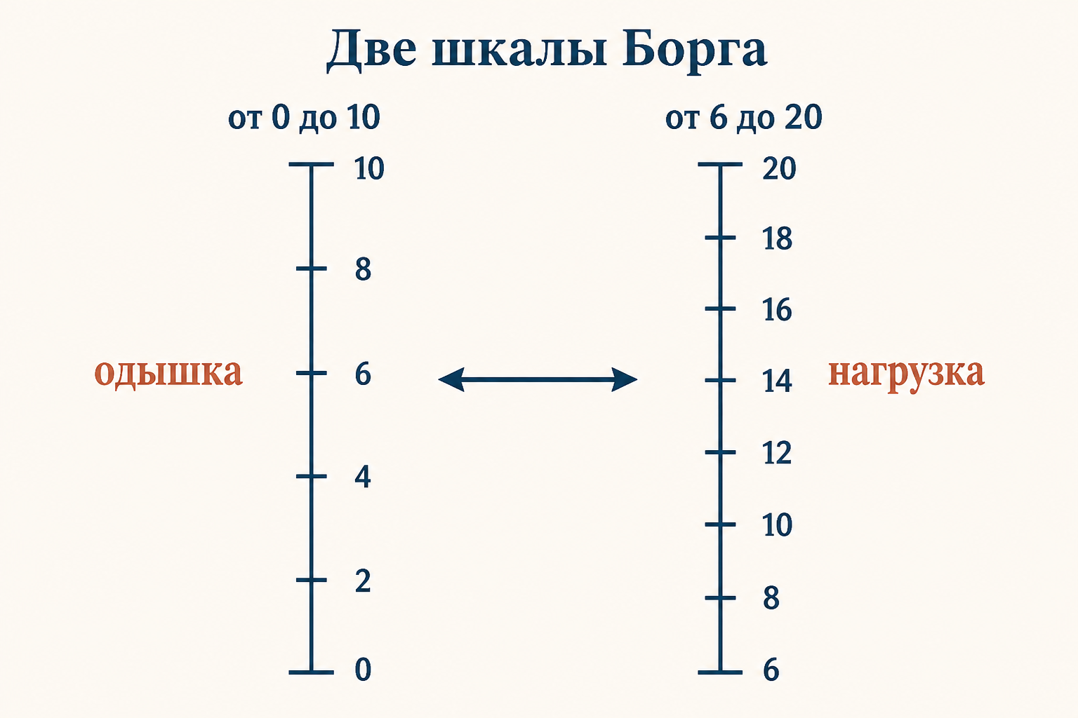 Сравнение двух шкал Борга: классическая от 6 до 20 для усилия и модифицированная от 0 до 10 для одышки