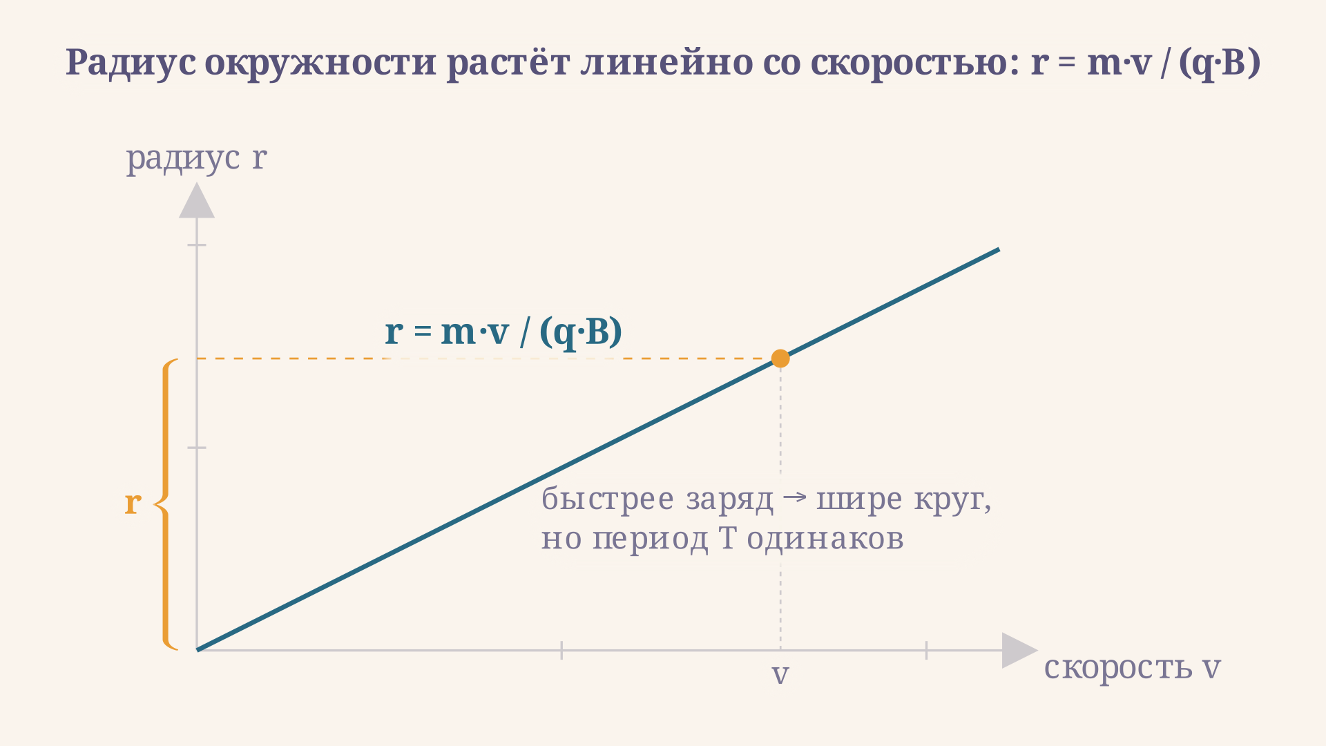 Линейная зависимость радиуса окружности от скорости заряда: r растёт пропорционально v по закону r = mv/(qB), при этом период обращения остаётся постоянным.