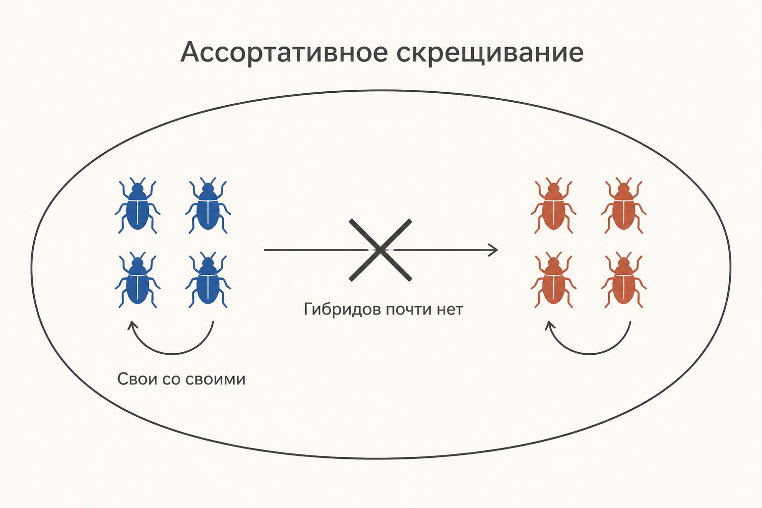 Ассортативное скрещивание в одном ареале: обе формы живут рядом, но спариваются каждая со своими, и гибриды почти не появляются
