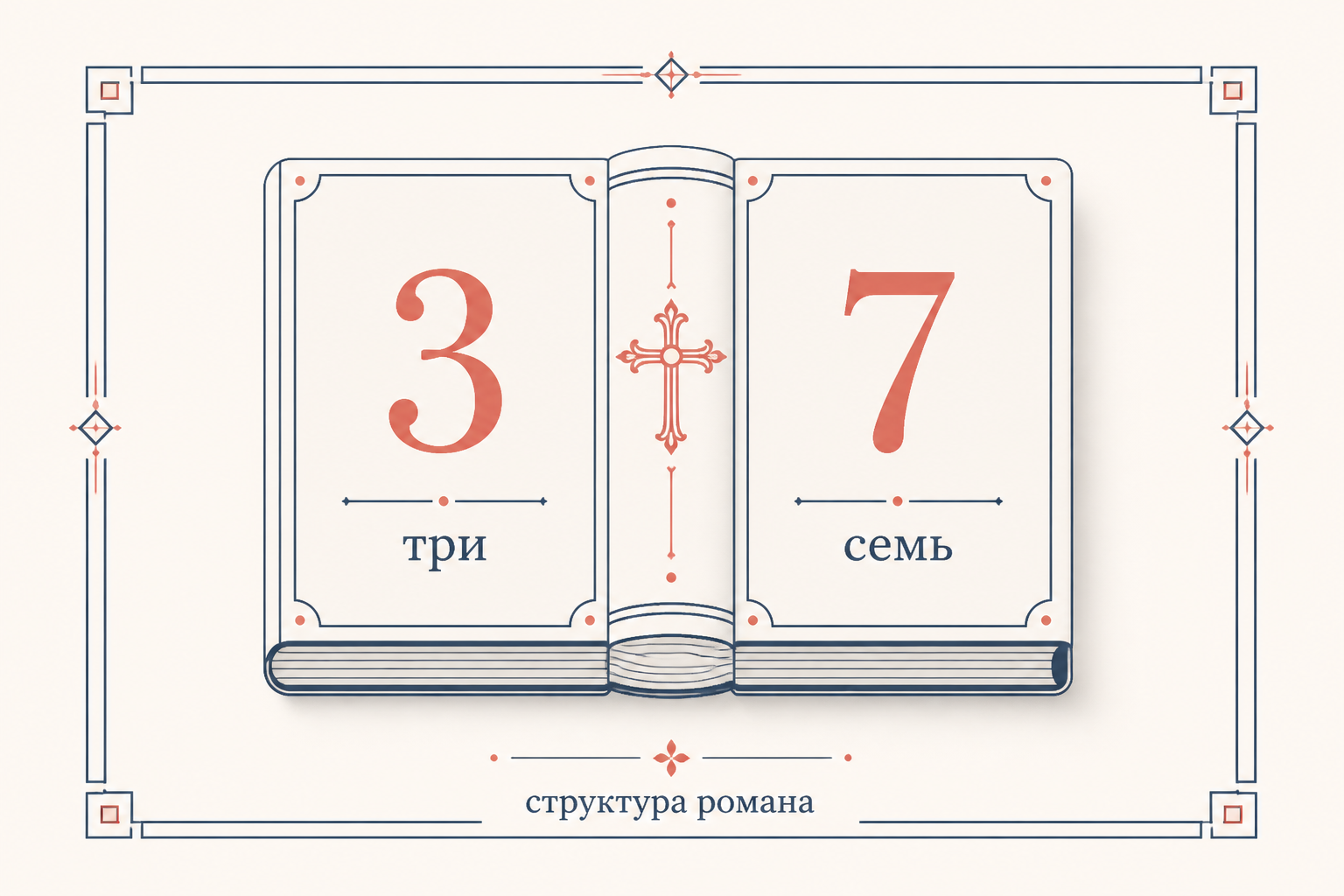Плоская редакционная иллюстрация: книга с числами 3 и 7, символизирующими структуру романа