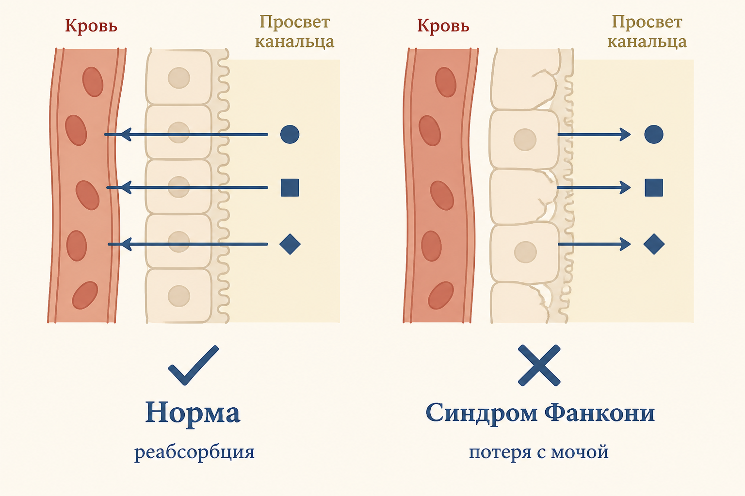 Сравнение нормального проксимального канальца и канальца при синдроме Фанкони: в норме вещества всасываются обратно в кровь, при синдроме движение направлено в просвет канальца и теряется с мочой