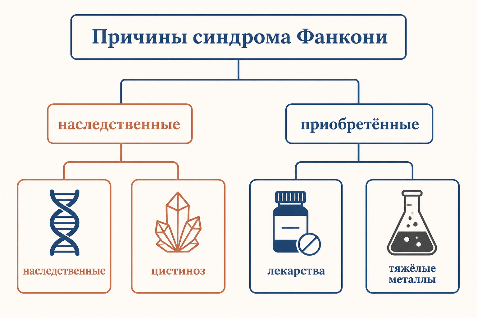 Дерево причин синдрома Фанкони: наследственные (цистиноз и другие генетические болезни) и приобретённые (лекарства, тяжёлые металлы и токсины)