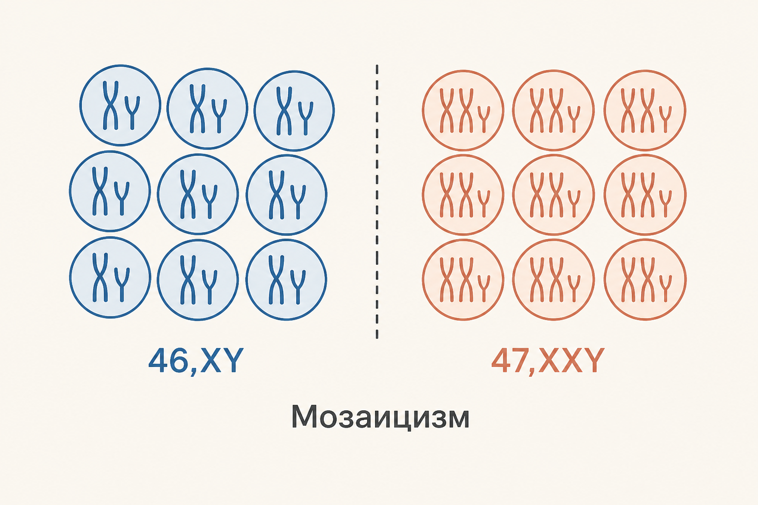 Схема мозаицизма: в одной ткани соседствуют клеточные линии 46,XY и 47,XXY