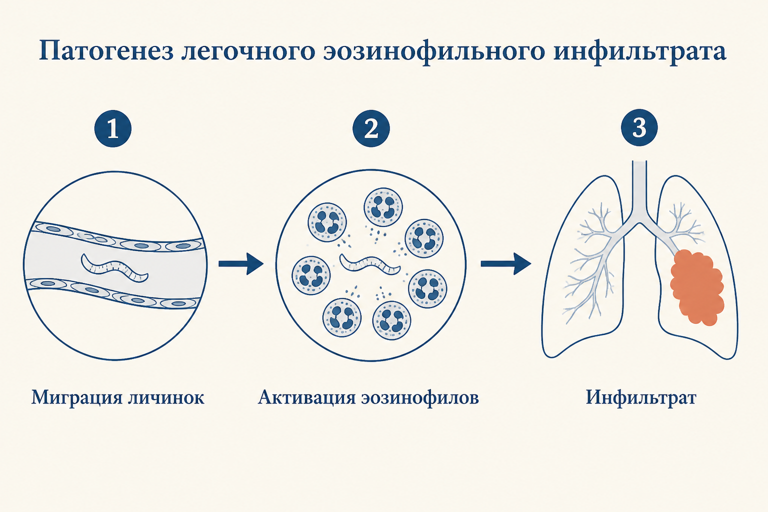 Стадии: миграция личинок, активация эозинофилов, образование инфильтрата