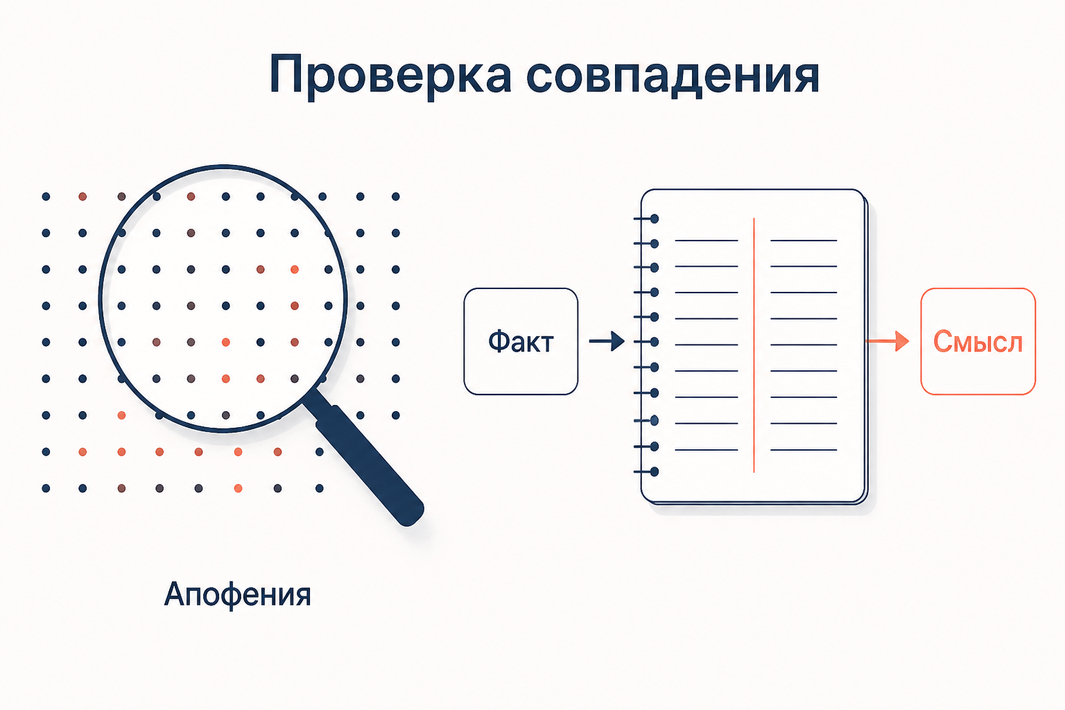 Проверка совпадения: апофения выделяет узор, а исследователь отдельно записывает факт и приписанный ему смысл