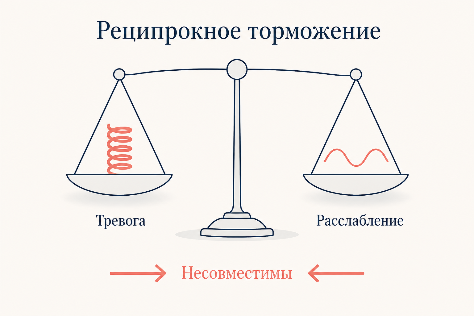 Схема реципрокного торможения: весы с тревогой и расслаблением как двумя несовместимыми состояниями