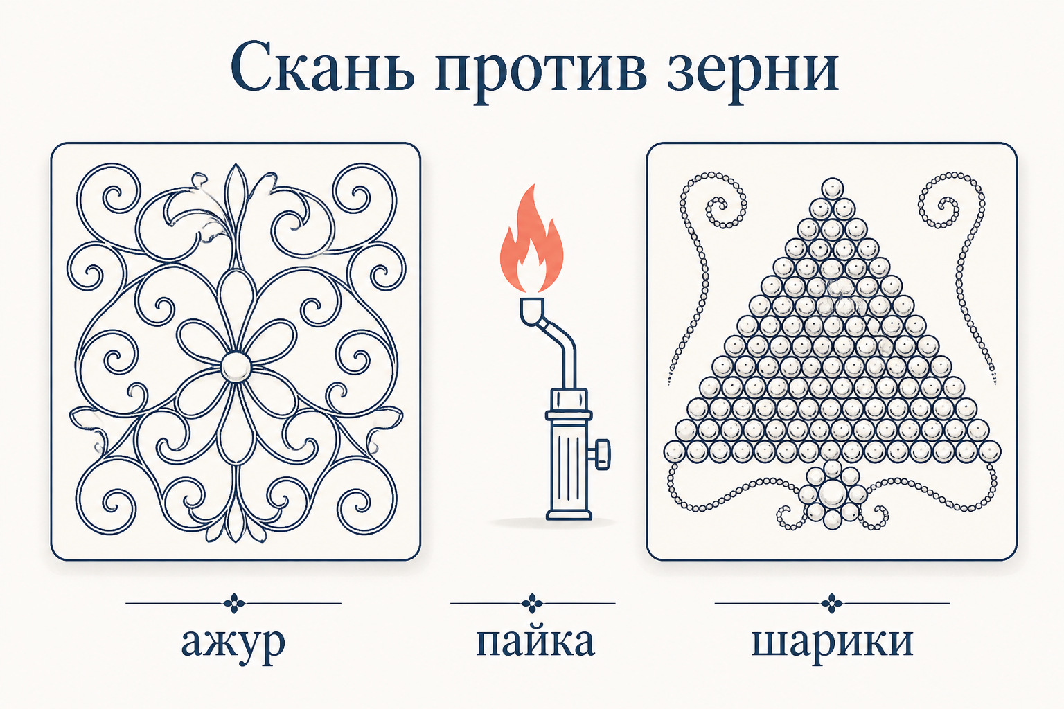 Сравнение скани и зерни: слева ажурный проволочный узор, справа поле напаянных шариков, между ними горелка для пайки
