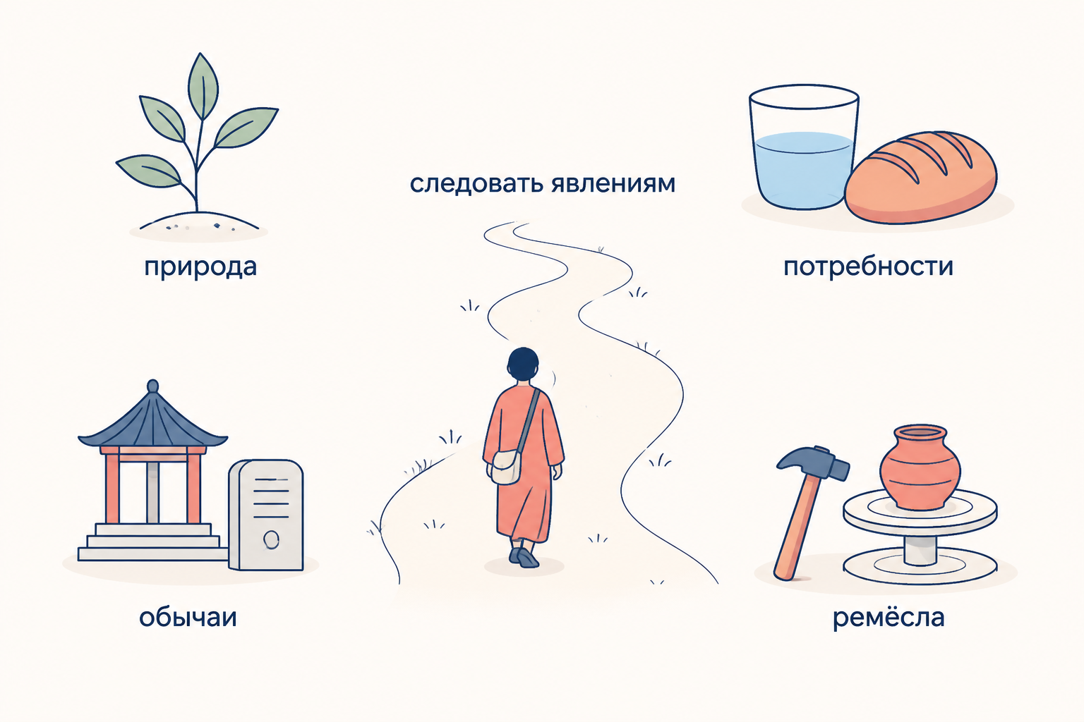 Путник идёт по дороге, следуя явлениям, а вокруг четыре опоры обыденной жизни по Сексту Эмпирику: природа, потребности, обычаи и ремёсла