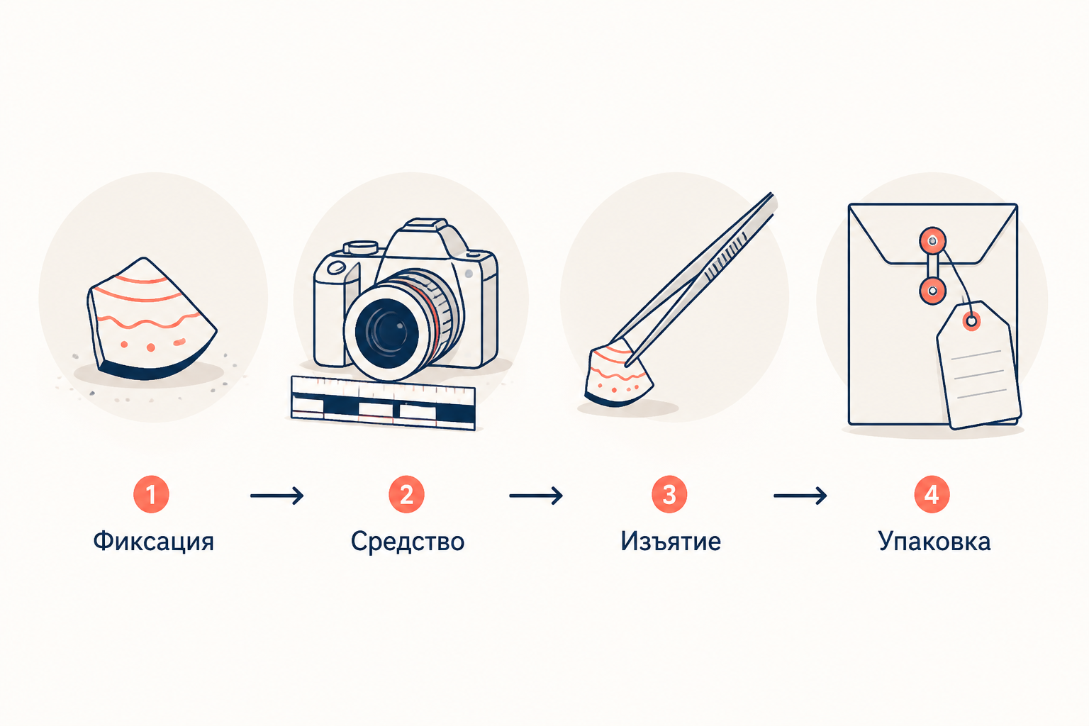 Последовательность работы: зафиксировать положение, применить средство, изъять объект и упаковать его отдельно