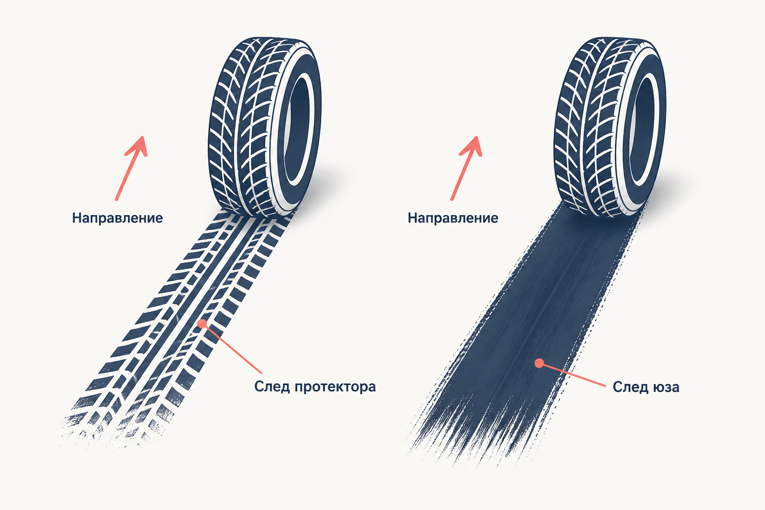 Сравнение отпечатка протектора, следа юза и направления движения