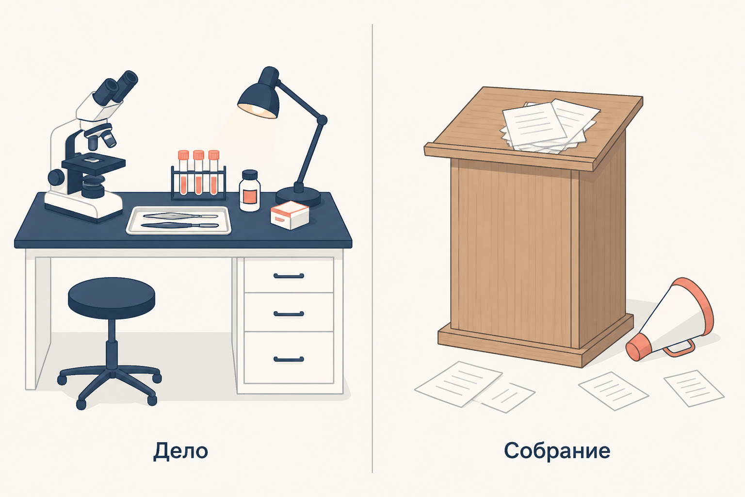 Сопоставление двух ответов на разруху: рабочий стол с инструментами и трибуна с бумагами