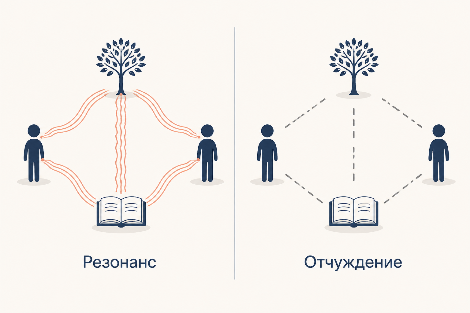 Резонанс и отчуждение: слева человек связан с деревом, книгой и другим человеком звучащими волнами, справа те же связи плоские и оборванные