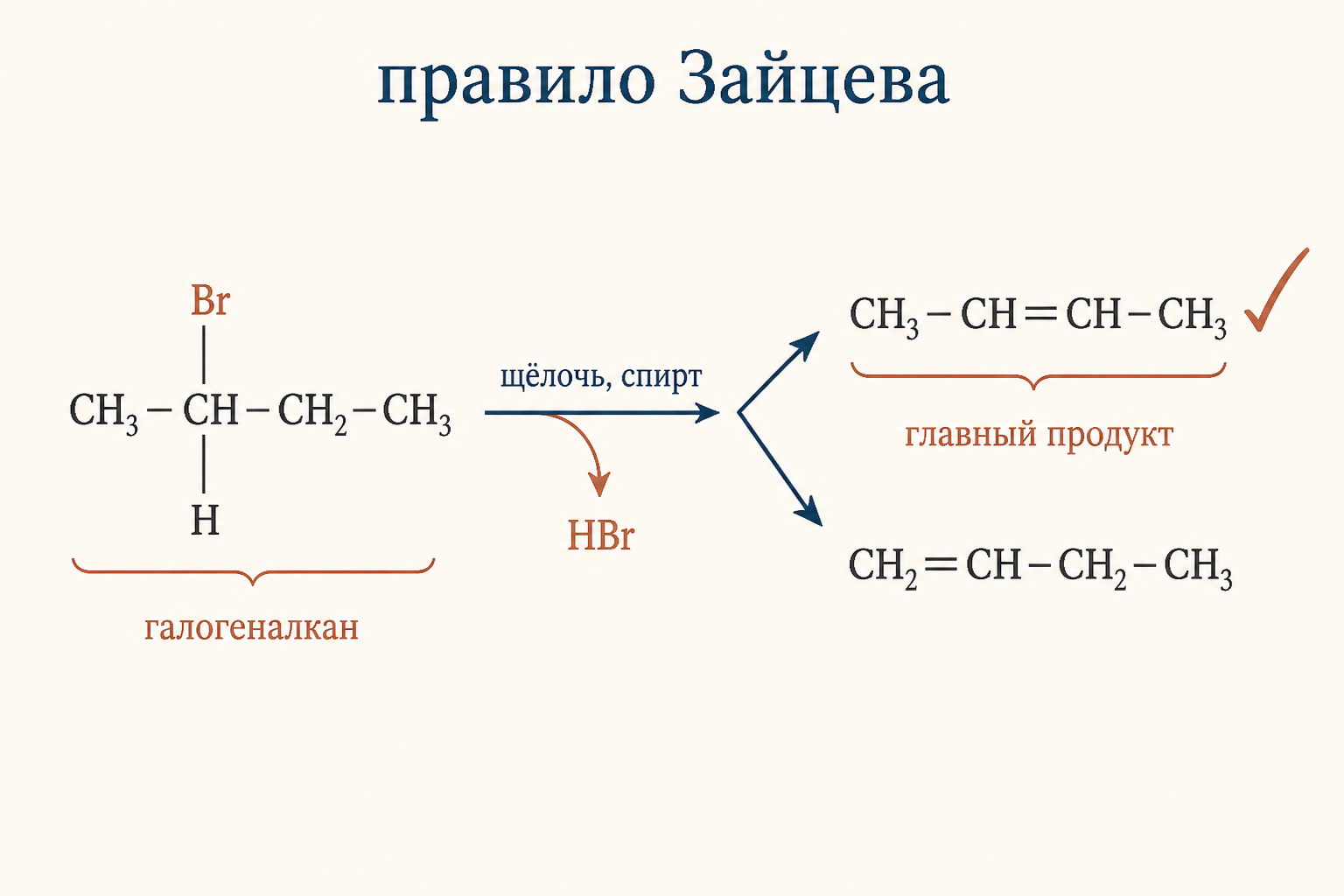Правило Зайцева: образование более замещённого алкена как главного продукта