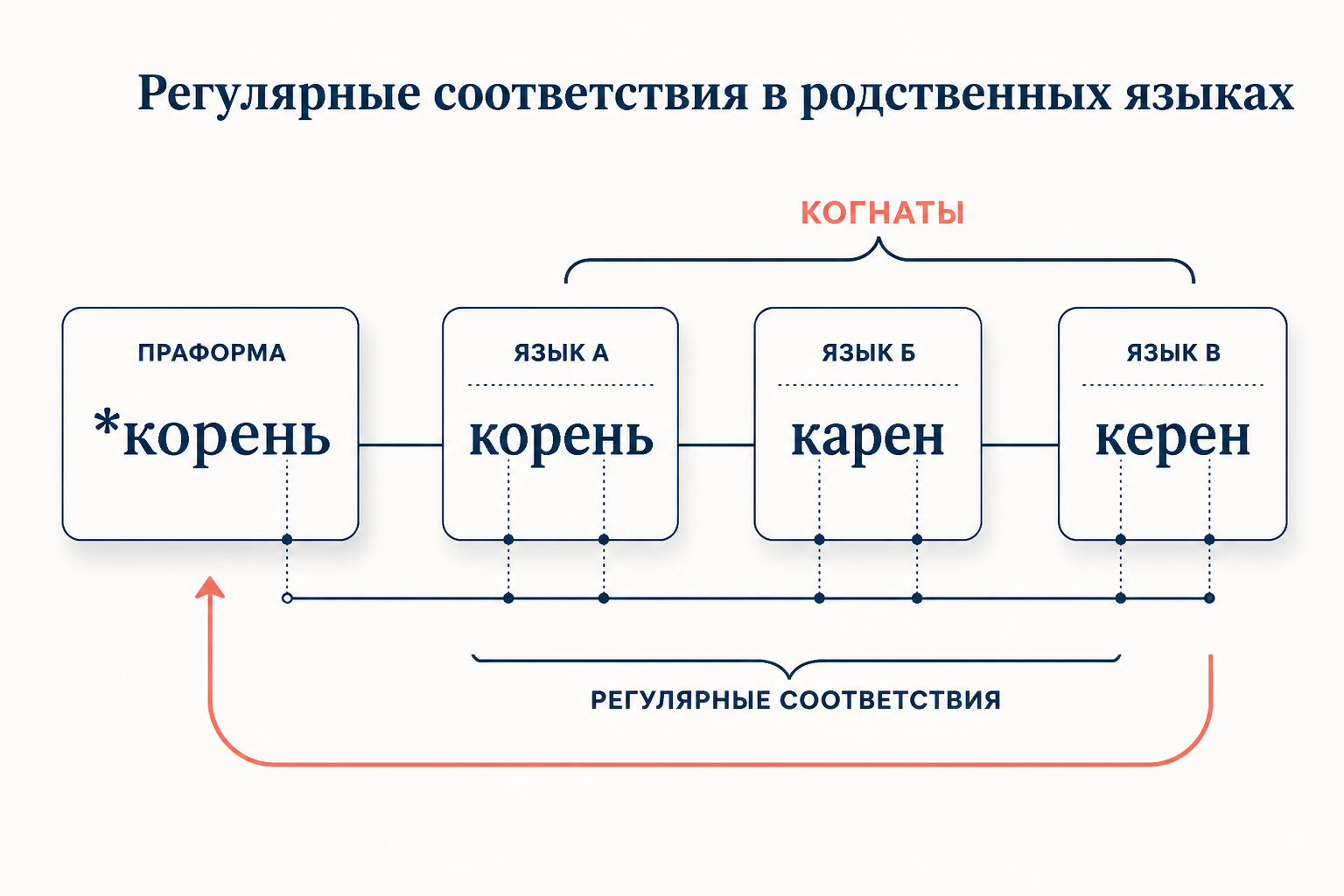 Когнаты в родственных языках выстраиваются в ряд против реконструированной праформы со звёздочкой