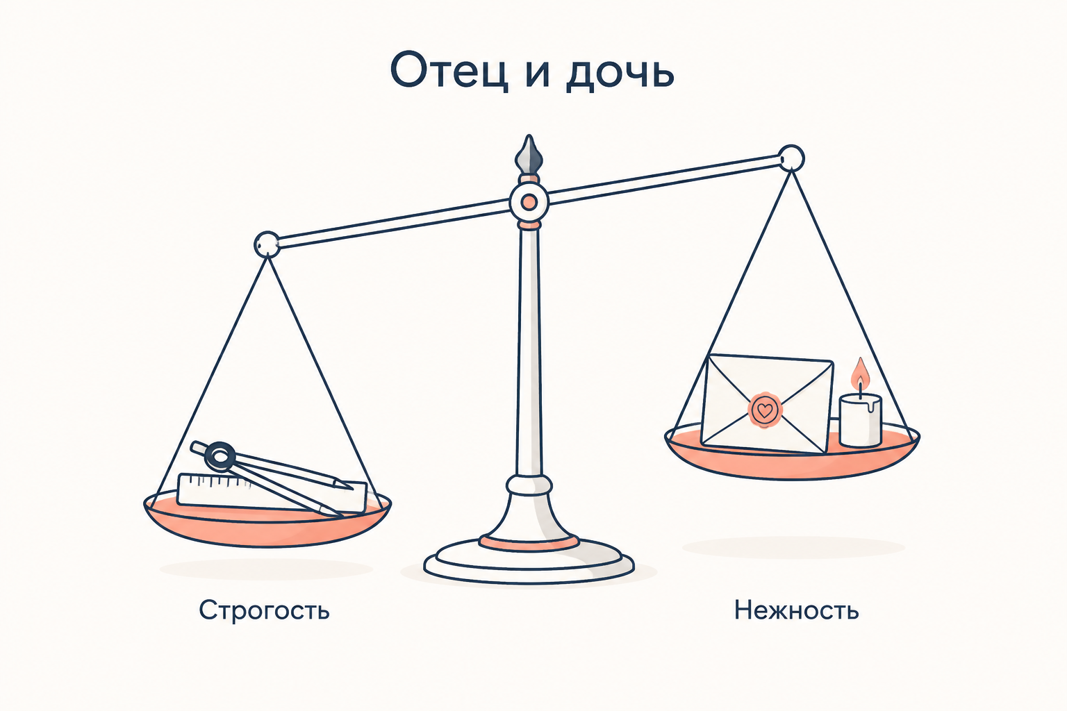 Весы: на одной чаше циркуль и линейка как символ строгости, на другой письмо и свеча как символ нежности
