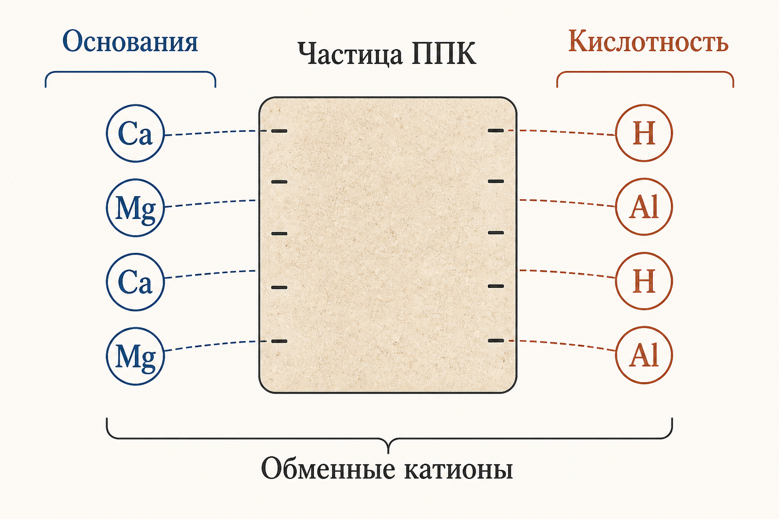 Схема распределения обменных катионов в почвенном поглощающем комплексе