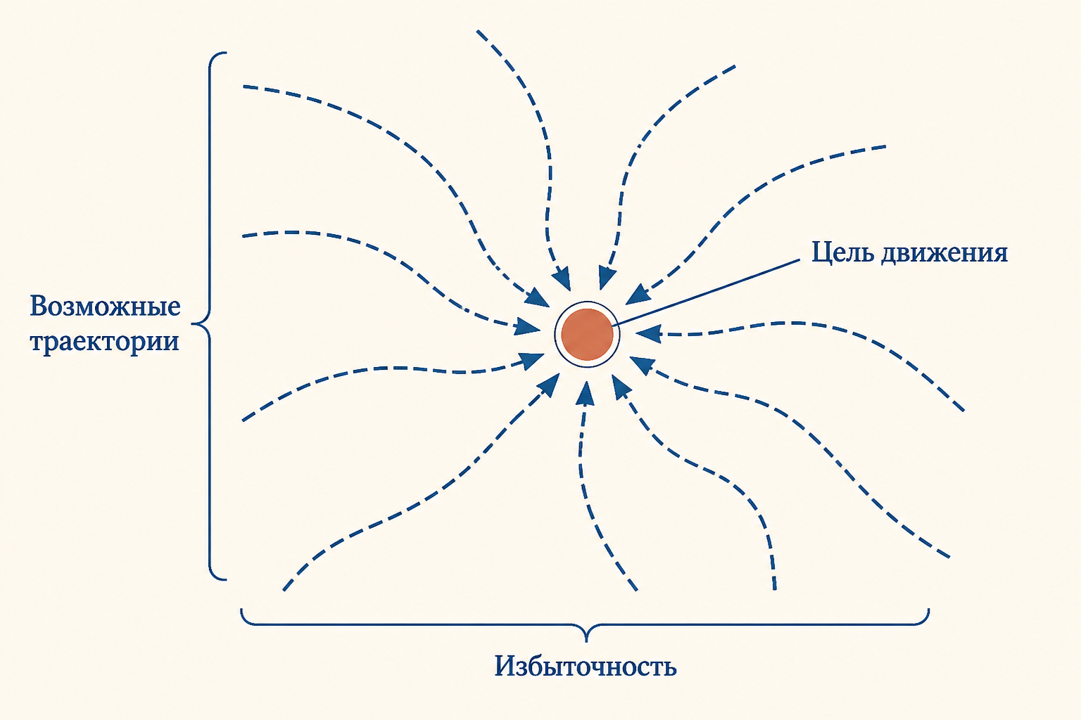 Схема избыточности: множество траекторий руки к одной цели