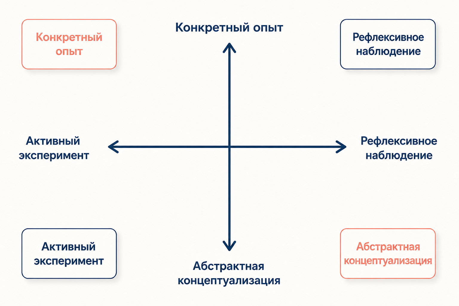 Две оси цикла Колба: вертикальная - восприятие от конкретного опыта к абстрактной концептуализации, горизонтальная - переработка от активного эксперимента к рефлексивному наблюдению