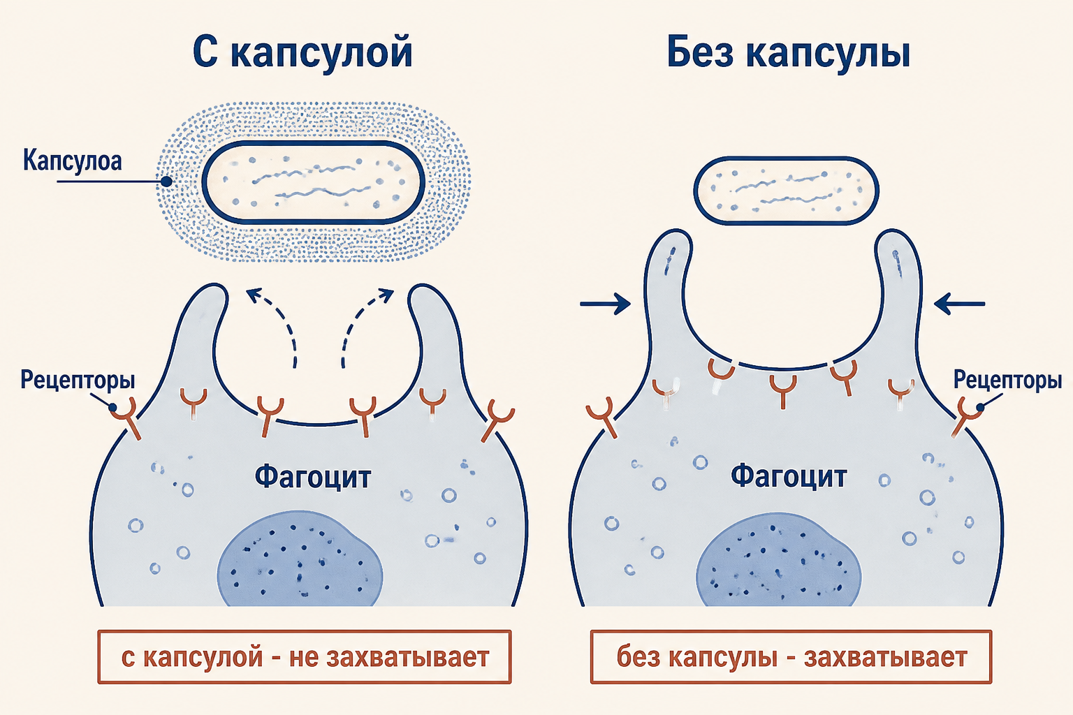 Схема антифагоцитарного механизма: бактерия с капсулой и без - взаимодействие с фагоцитом