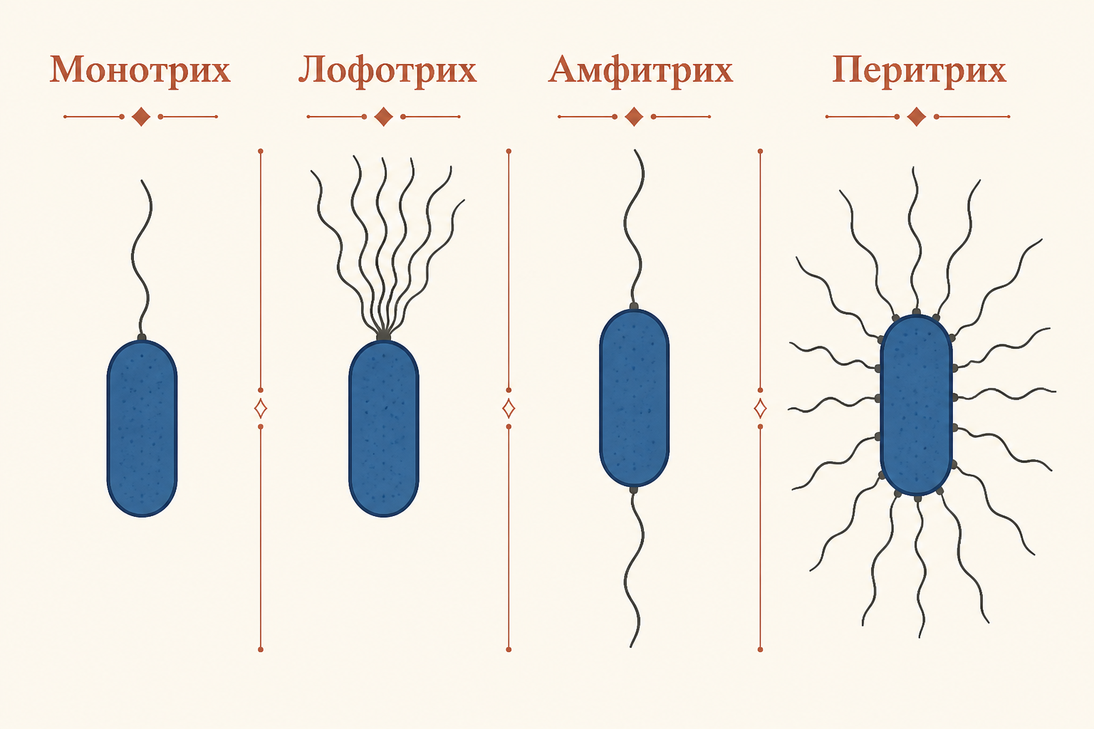 Четыре типа расположения жгутиков: монотрих, лофотрих, амфитрих, перитрих с примерами бактерий