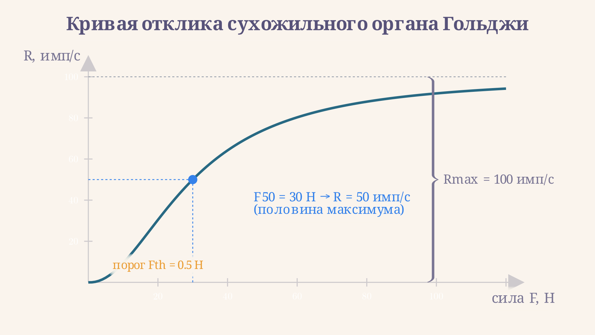Сигмоидная кривая отклика органа Гольджи: частота разрядов Ib-афферента растёт с силой и выходит на плато у максимальной частоты, рабочая точка отмечена на середине