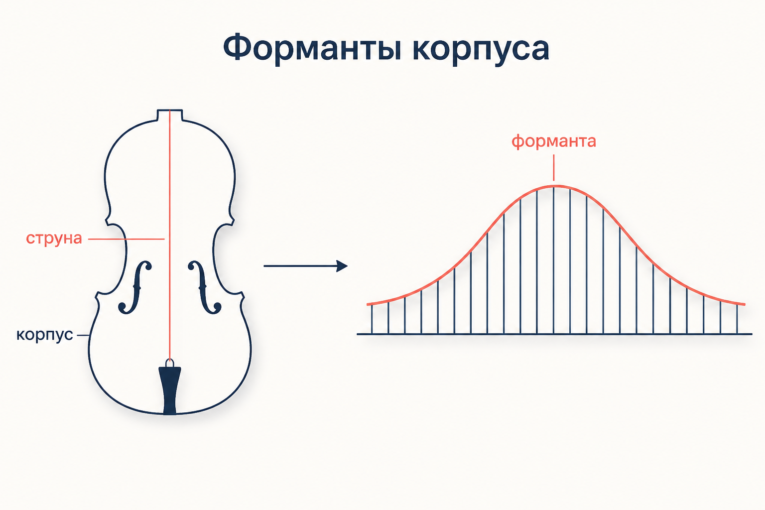 Схема резонатора: колебания струны попадают в корпус инструмента, который усиливает отдельные полосы частот, отмеченные как форманта