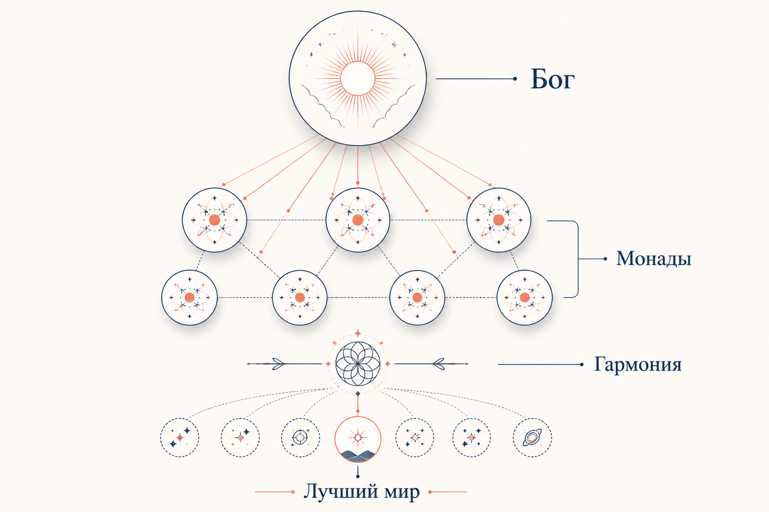 Монадология и теодицея - схема предустановленной гармонии Лейбница, иерархия монад и оптимальный выбор