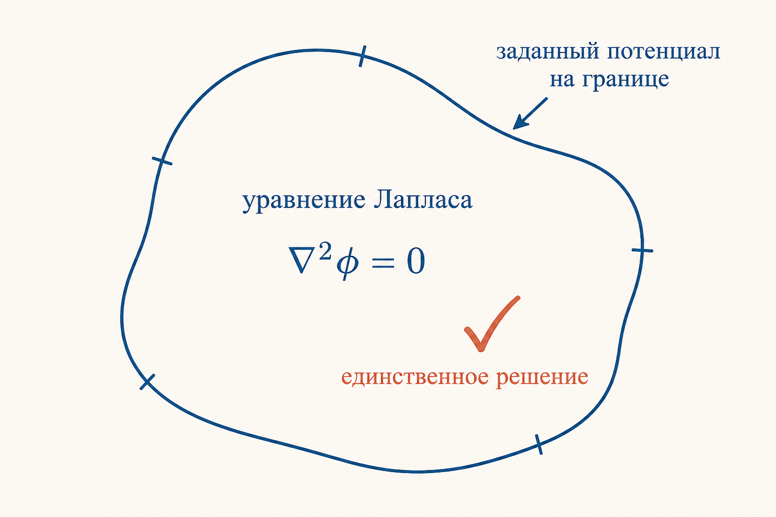 Область с уравнением Лапласа внутри и заданными значениями потенциала на замкнутой границе как единственное решение