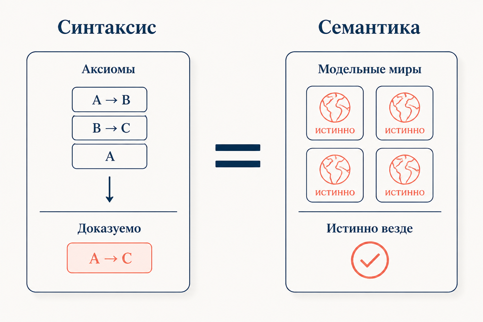 Схема равенства двух миров логики: слева синтаксис с выводом формул из аксиом, справа семантика с истинностью во всех моделях, между ними знак тождества