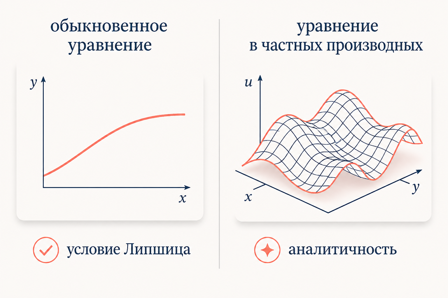 Сравнение двух классов задач: для обыкновенного уравнения хватает условия Липшица, для уравнения в частных производных нужна аналитичность