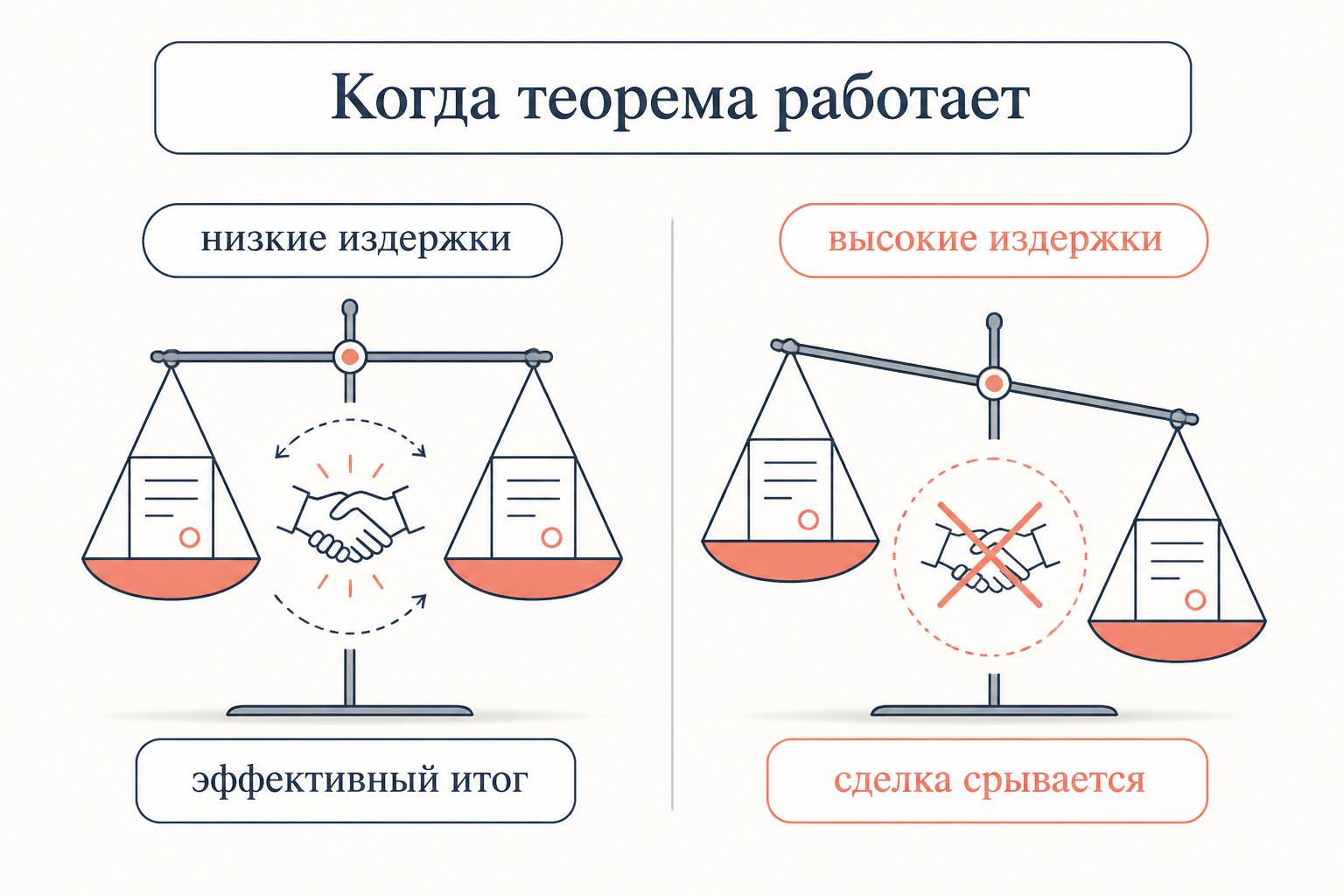 Две чаши весов: при низких транзакционных издержках стороны достигают эффективного итога, при высоких сделка срывается и эффект остаётся