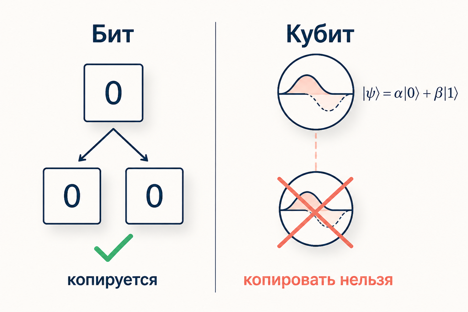 Сопоставление классического бита и кубита: бит копируется свободно, кубит в суперпозиции копировать запрещено