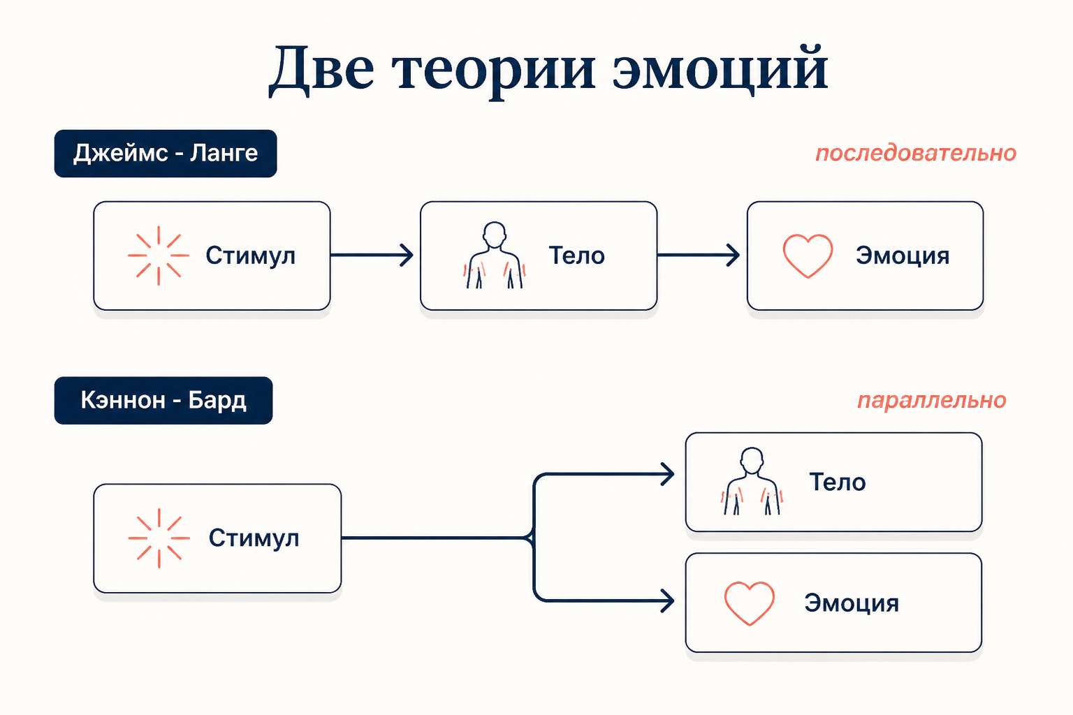 Сравнение двух теорий эмоций: у Джеймса - Ланге стимул, тело и эмоция выстроены в последовательную цепочку, у Кэннона - Барда стимул одновременно порождает и тело, и эмоцию параллельно