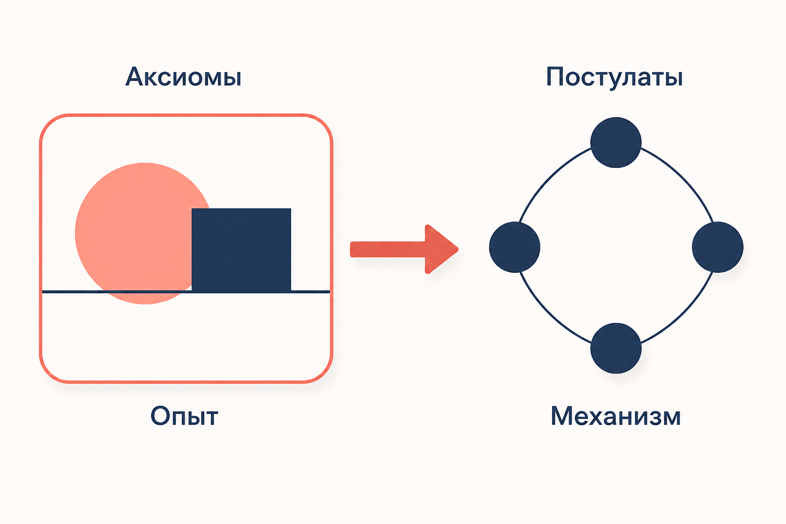 Схема хода IIT: слева цельный образ опыта с подписью «Аксиомы», справа сеть узлов с подписью «Постулаты», стрелка ведёт от опыта к механизму