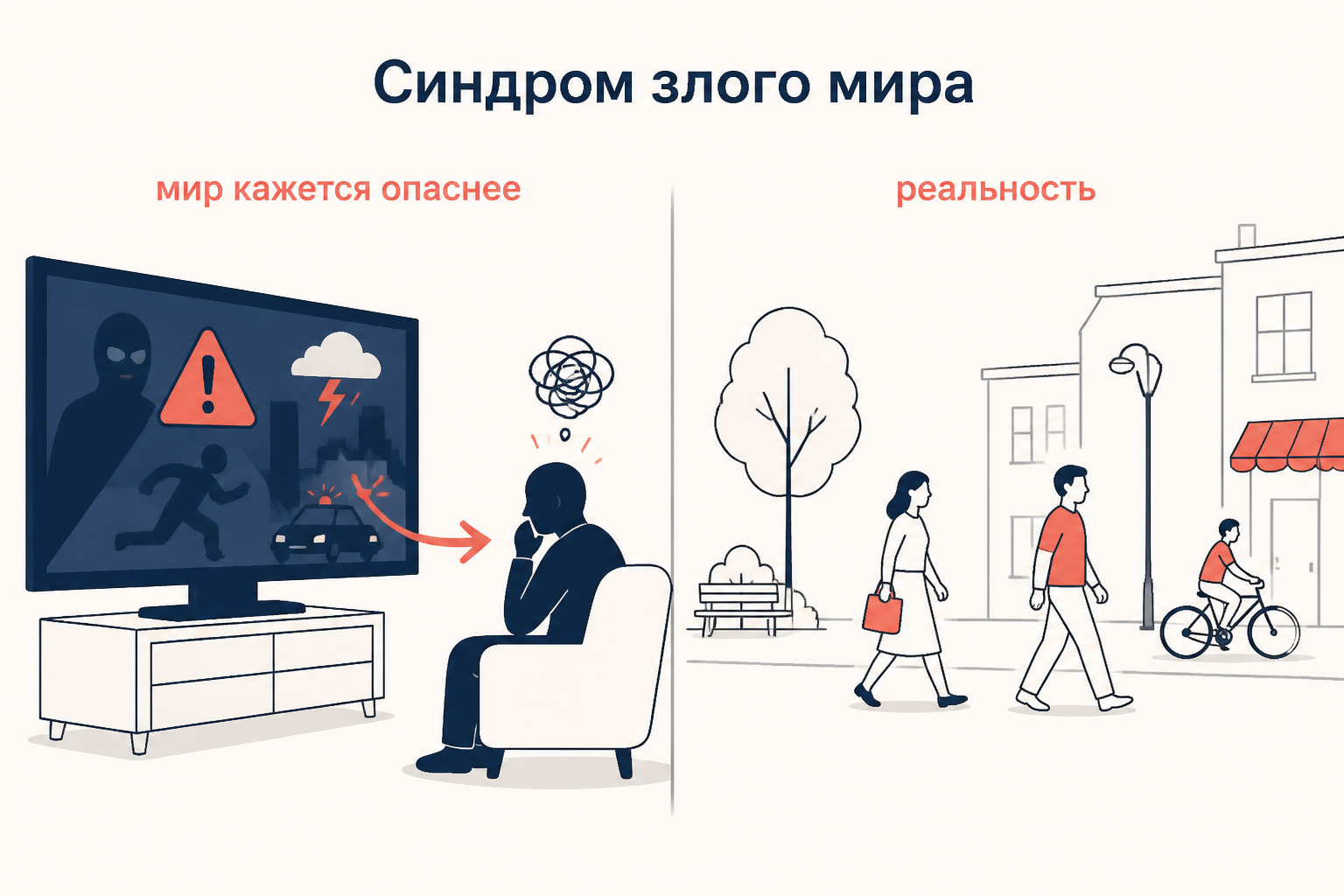 Синдром злого мира: активный зритель воспринимает мир опаснее, чем он есть на самом деле, хотя реальная улица спокойна