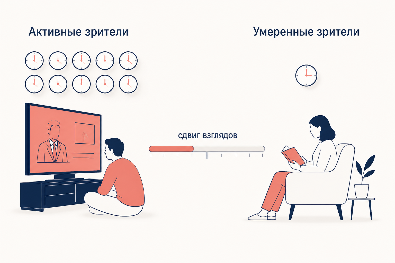 Сравнение активных и умеренных зрителей: одинаковый вопрос о реальности даёт разные ответы, и разрыв процентов это и есть культивационный дифференциал