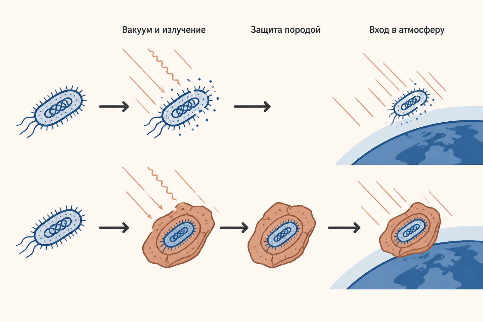 Две траектории микроба: без защиты излучение повреждает клетку, внутри породы шансы выше