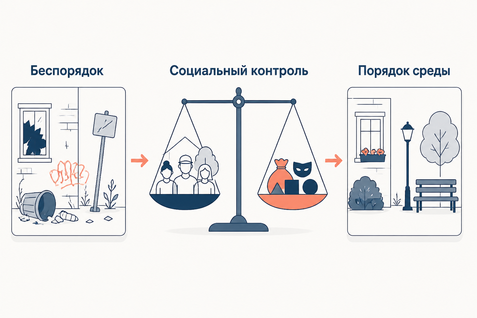 Схема механизма теории разбитых окон: беспорядок провоцирует уход жителей и приток нарушителей